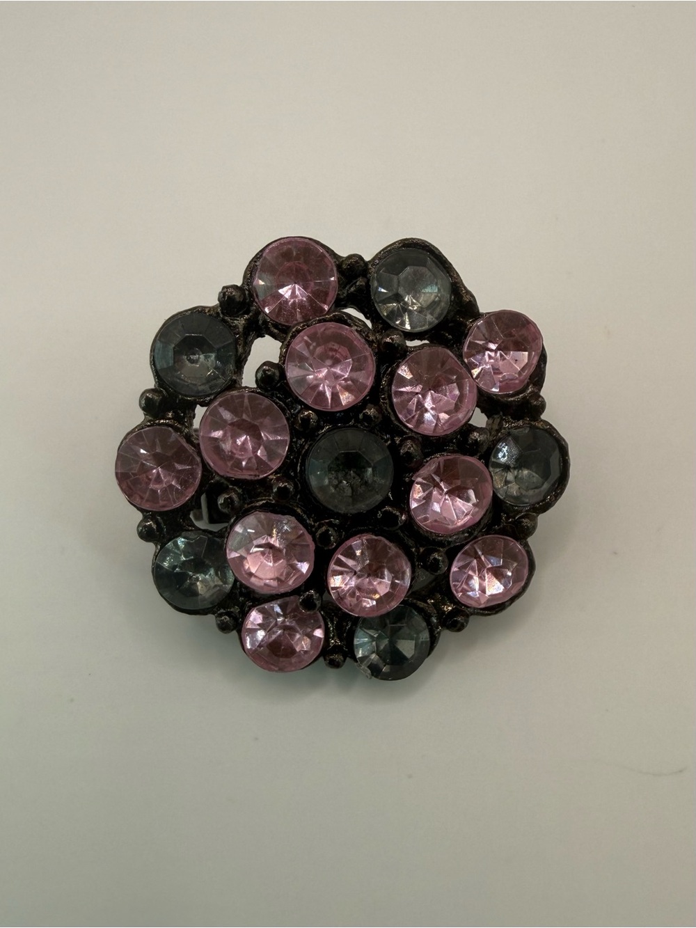 Vintage Pink and Gray Rhinestone Cluster Brooch, Japanned Setting
